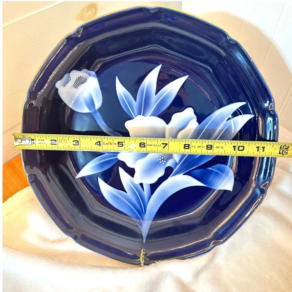 Vintage Japanese Fukagawa 11.5 Platter Bowl Cobalt Blue White Floral Gold Border